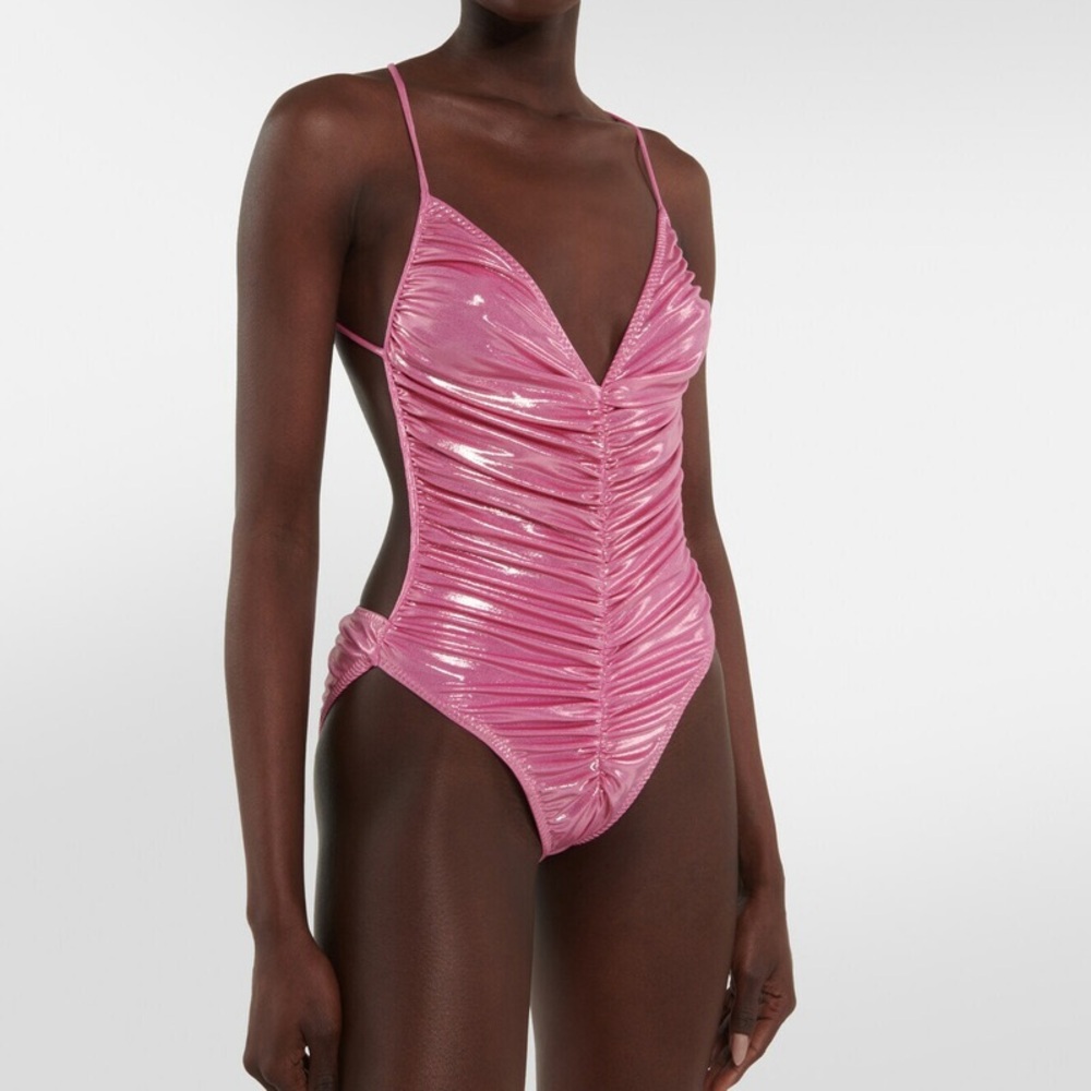 Norma Kamali Butterfly Mio lamé swimsuit shiny pink one piece